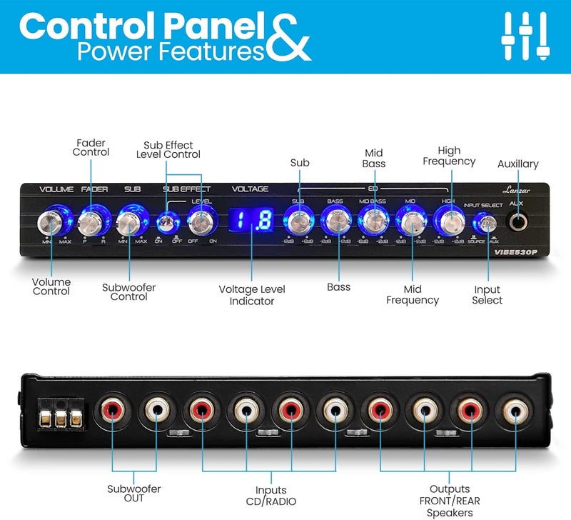 Lanzar Parametric Equalizer with Subwoofer - 9 Volt RMS Pre-Amp Output with Voltage Meter, Subwoofer Gain Control & Bass Driver, 3 Input Sources Selectable, Pre-amp Line Aux Inputs Via RCA Jacks - Image 3